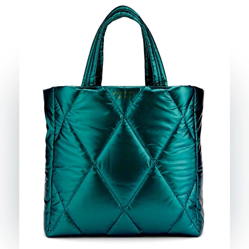 🥳HP🥳 NWT Victoria's Secret Large Quilted Puffer Teal Metallic Tote Bag